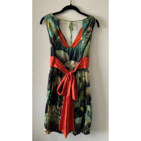 Eva Franco Anthropologie Dress Size 4 Succulents Green Orange Tie Back Western - Picture 7 of 16